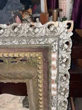 Ornate Carved Wood Picture Frame in Distressed White and Gold